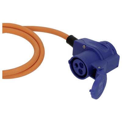 Blauer Stecker für Industriestrom an einem orangefarbenen Stromkabel auf weißem Hintergrund.