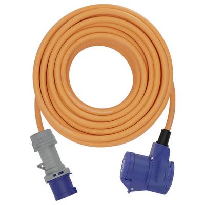 Aufgerolltes orangefarbenes Stromkabel mit grauen und blauen Industriesteckern an den Enden, gezeigt auf weißem Hintergrund.