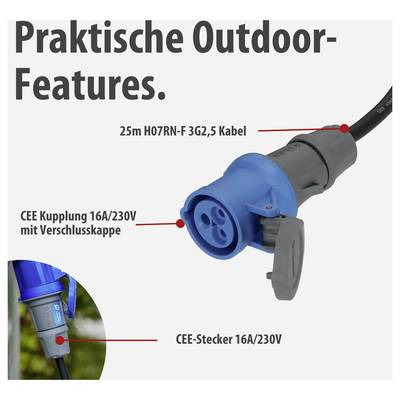 Werbegrafik einer Outdoor-Stromverbindung: 25 m H07RN-F 3G2,5 Kabel mit CEE-Kupplung 16A/230V mit Verschlusskappe und CEE-Stecker 16A/230V.