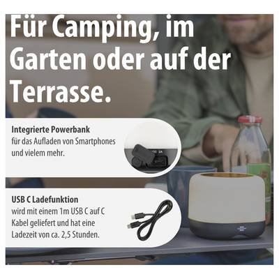 Werbegrafik für eine Campinglampe mit integrierter Powerbank und USB-C-Ladefunktion; Text nennt Nutzung für Camping, Garten oder Terrasse.<br>