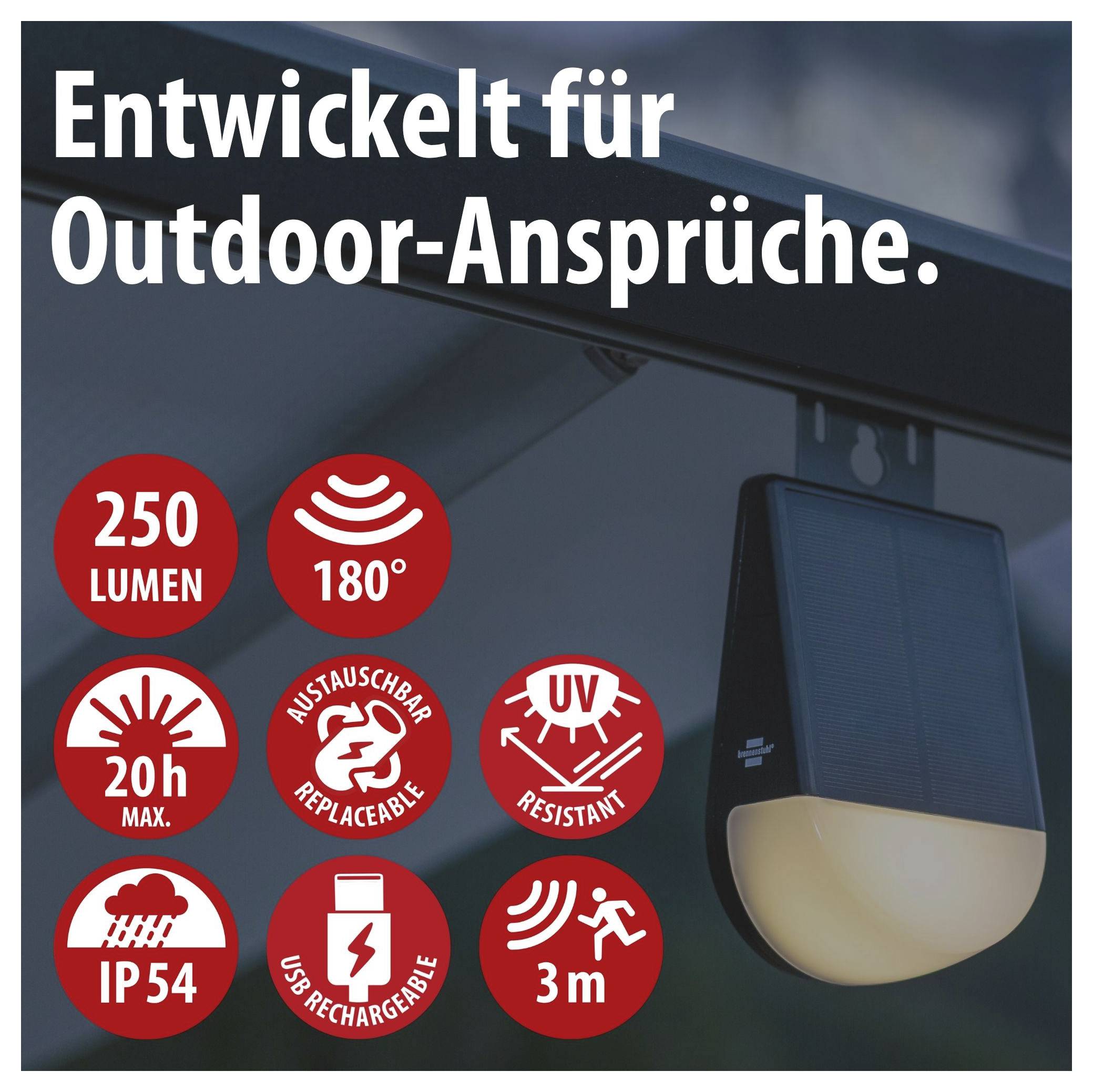 Außen-Wandleuchte mit Text 'Entwickelt für Outdoor-Ansprüche.'; zeigt 250 Lumen, 180°-Erkennung, bis 20 h, austauschbaren Akku, UV-beständig, IP54, USB-aufladbar und 3 m Reichweite.
