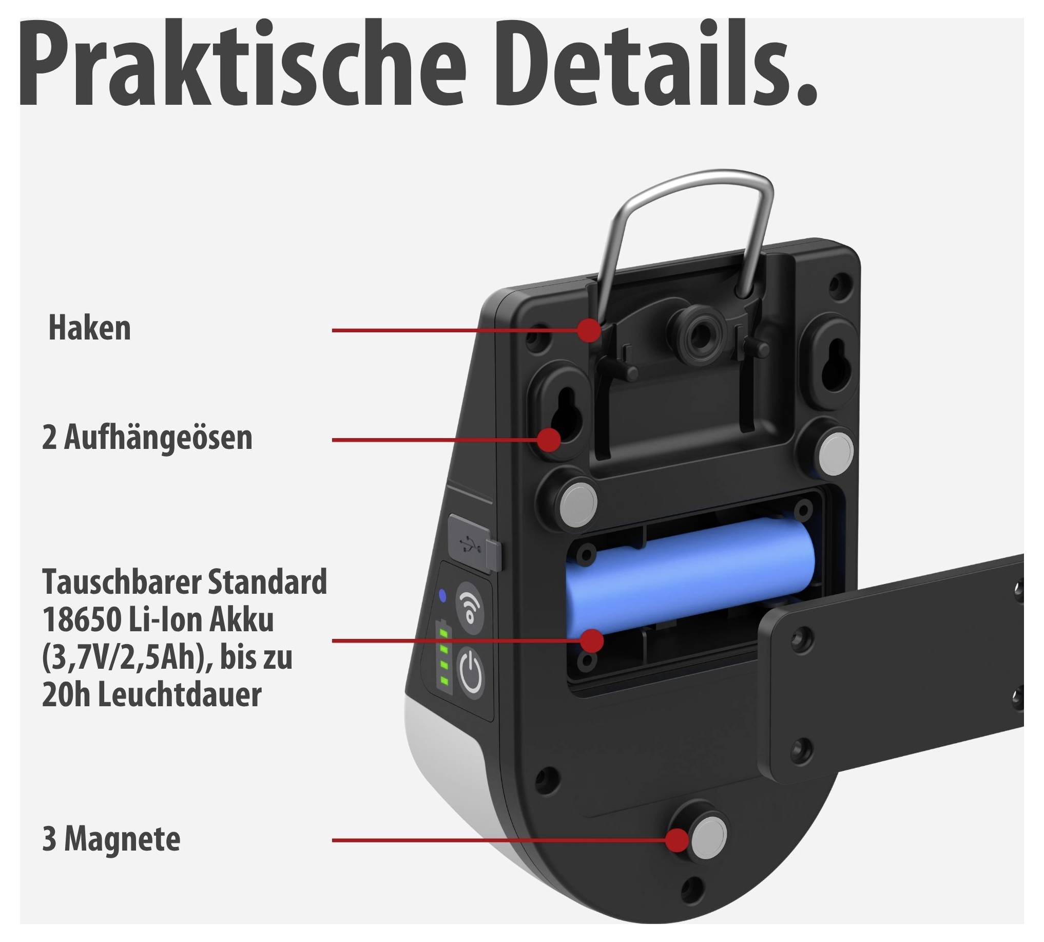 Produktgrafik einer tragbaren Lampe mit den Merkmalen Haken, 2 Aufhängeösen, austauschbarer 18650 Li-Ion Akku und 3 Magneten; bis zu 20 Stunden Leuchtdauer.