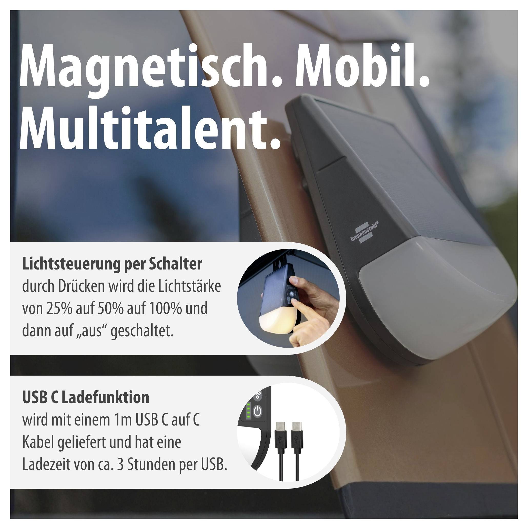 Werbegrafik für eine magnetische, mobile Multifunktionsleuchte mit den Titeln 'Magnetisch. Mobil. Multitalent.' sowie Lichtsteuerung per Schalter und USB-C-Ladefunktion.