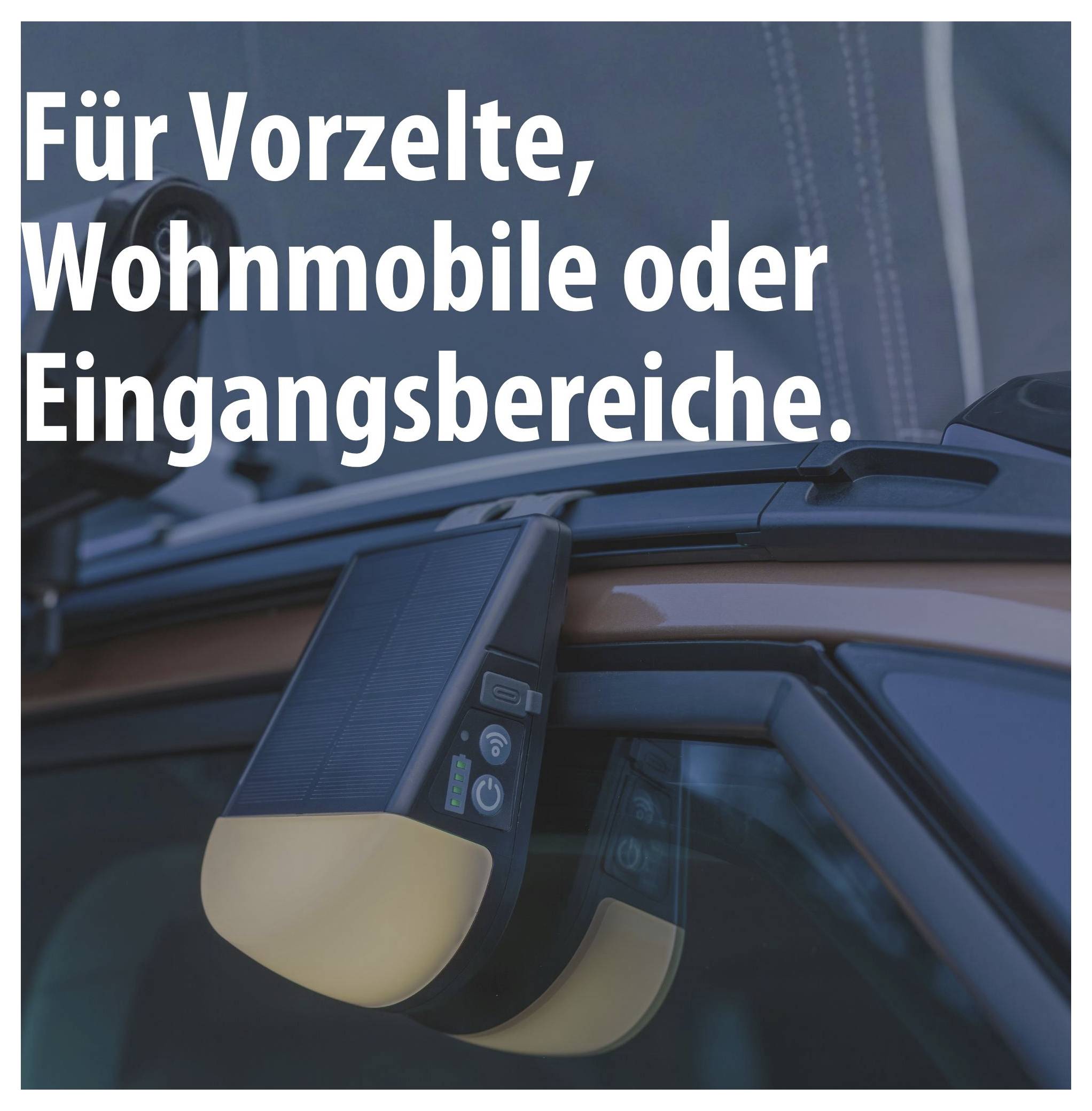 Solarbetriebener Fensteröffner am Dachfenster; Text: 'Für Vorzelte, Wohnmobile oder Eingangsbereiche.'<br>