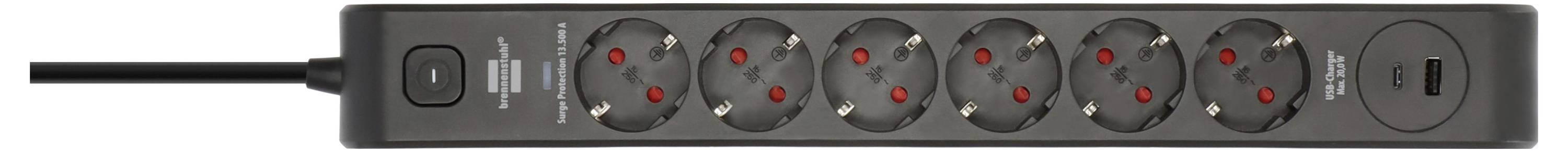 Schwarze Steckerleiste mit acht runden Steckdosen und einem Stromkabel, das auf der linken Seite angesteckt ist, sowie einem Ein-/Ausschalter und zwei USB-Anschlüssen auf der rechten Seite.