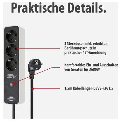 Produktbild einer Steckdosenleiste mit 3 Steckdosen, Ein-/Ausschalter und 1,5 m Kabel; beworben mit praktischen Details und 45°-Anordnung.