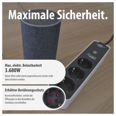 Steckdosenleiste mit 'Maximale Sicherheit'; zeigt 3.680 W Belastbarkeit und erhöhten Berührungsschutz durch Kunststoffschieber.<br>