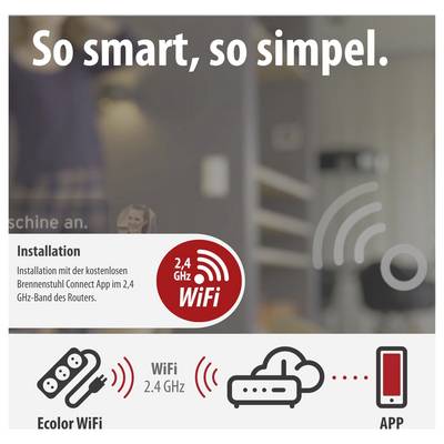 Werbeanzeige für Ecolor WiFi: 'So smart, so simpel.' Installation per kostenloser Brennstuhl Connect App im 2,4-GHz-WLAN; unten Symbole für Stecker, Router und App.<br>