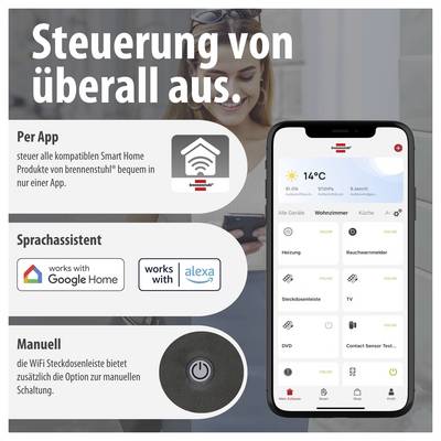 Werbegrafik für eine Smart-Home-App: Smartphone zeigt Geräteübersicht; Text nennt Steuerung per App, Sprachassistent und manuelle Bedienung für kompatible Produkte von brennenstuhl.