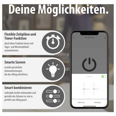 Infografik zu Smart-Home-Steuerung mit dem Titel 'Deine Möglichkeiten.': Flexible Zeitpläne und Timer, smarte Szenen und verknüpfte Geräte; rechts ein Smartphone mit App-Oberfläche.