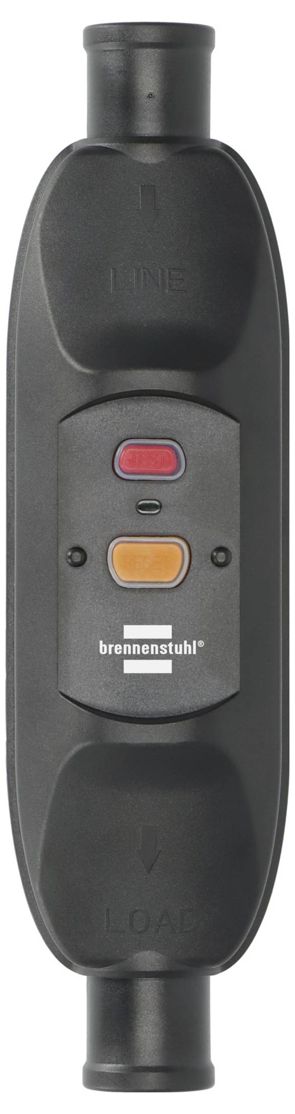 Ein schwarzes Überspannungsschutzgerät mit "brennenstuhl"-Branding, ausgestattet mit drei Kontrollleuchten (rot, orange, grün) mit den Beschriftungen "LINE" und "LOAD".