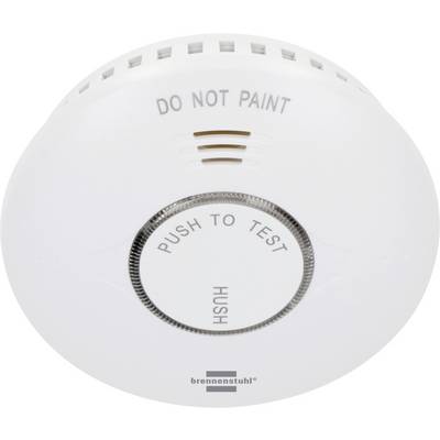 Weißer Rauchmelder mit „PUSH TO TEST"-Knopf und „DO NOT PAINT"-Warnung, Marke Brennenstuhl.