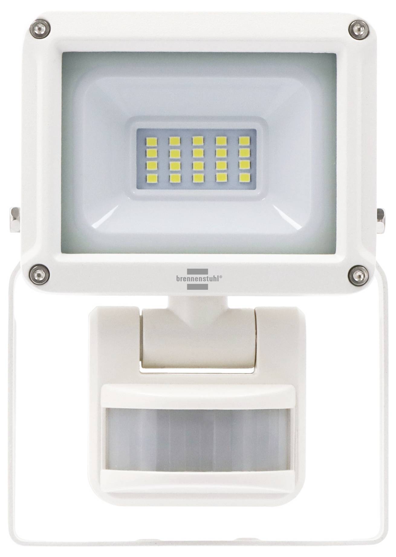 Weiße LED-Flutlichtleuchte mit unterhalb angebrachtem Bewegungsmelder, vor neutralem Hintergrund abgebildet.