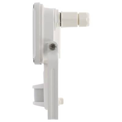Nahaufnahme einer weißen Kunststoff-Sensor- oder Gerätebefestigung mit einem zylindrischen Seitenstecker und Schraubbefestiger auf einfachem Hintergrund.
