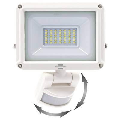 LED-Strahler mit Bewegungsmelder, auf einer schwenkbaren Halterung dargestellt, mit Pfeilen, die die einstellbare Neigungsrichtung anzeigen.