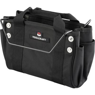Eine schwarze Toolcraft Werkzeugtasche mit mehreren Taschen und einem Metallgriff, entworfen zum Transportieren verschiedener Werkzeuge und Zubehörteile.