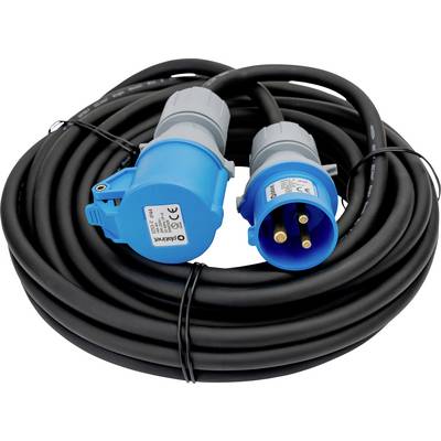Ein aufgerolltes schwarzes Kabel mit blauen elektrischen Steckern an jedem Ende, das für industrielle oder schwere Stromverteilung ausgelegt ist.