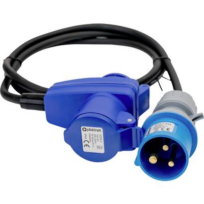 Ein blauer Industrie-Stromstecker und eine Steckdose, die durch ein schwarzes Kabel verbunden sind und in industriellen Umgebungen für elektrische Hochleistungsgeräte verwendet werden.