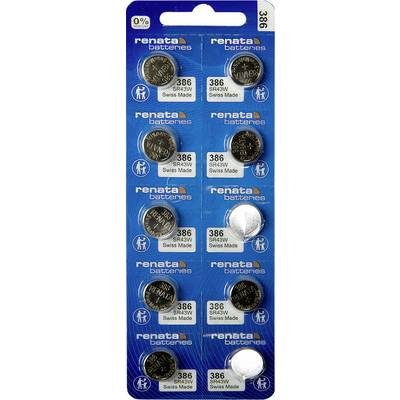 Blisterpackung mit 10 Renata 386 Uhren-Batterien, 1,55V, Schweizer Herstellung.