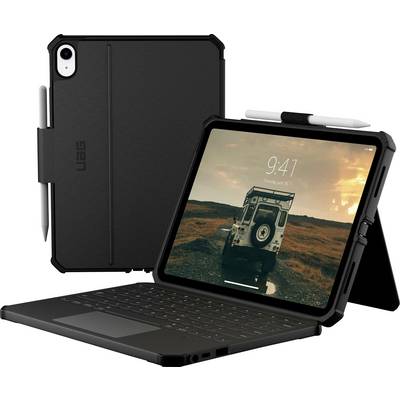 Ein Tablet mit Tastaturhülle und Stift wird angezeigt. Der Bildschirm zeigt ein Vintage-Fahrzeug vor einem Sonnenuntergangshintergrund. Das Setup steht auf einem Ständer.