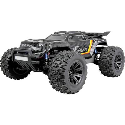 Ein schwarzer und gelber ferngesteuerter Geländewagen mit großen strukturierten Reifen und der Aufschrift „4WD Offroad" an der Seite, entworfen für raues Gelände.