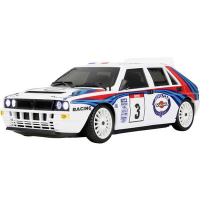 Ein weißes Rennwagen-Modell mit roten, blauen und schwarzen Streifen. Das Auto weist eine Nummer „3" und verschiedene Sponsorenlogos auf den Seiten auf.