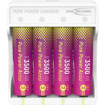 Batterieladegerät mit vier rosa „Type 3500 Pure Power Accu" AA-Akkus. Das Etikett trägt die Aufschrift „PURE POWER CHARGER ANSMANN".