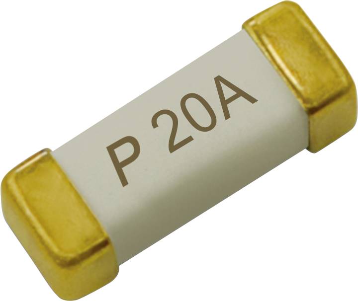 Eine kleine zylindrische Sicherung mit goldfarbenen Endkappen mit der Aufschrift "P 20A", die eine Strombelastbarkeit von 20 Ampere anzeigt.