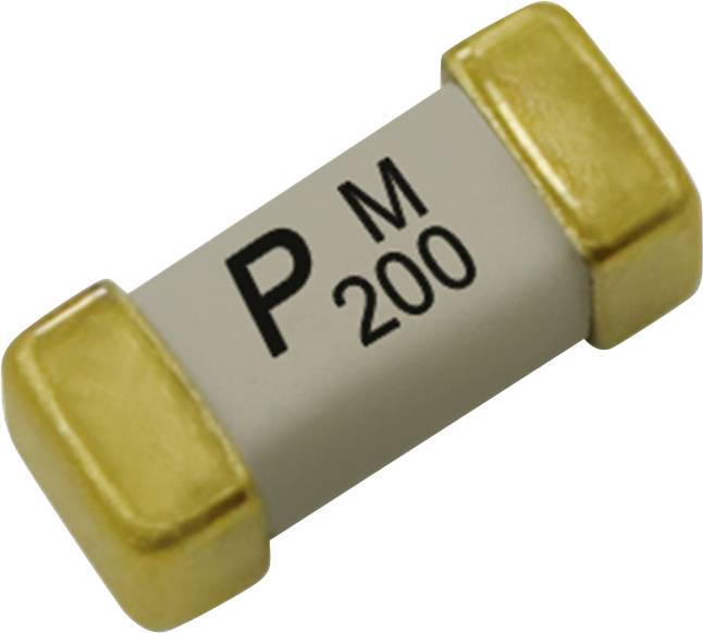 "PM 200"-Aufkleber auf einem zylindrischen elektronischen Bauteil mit goldfarbenen Enden, wahrscheinlich eine Sicherung.