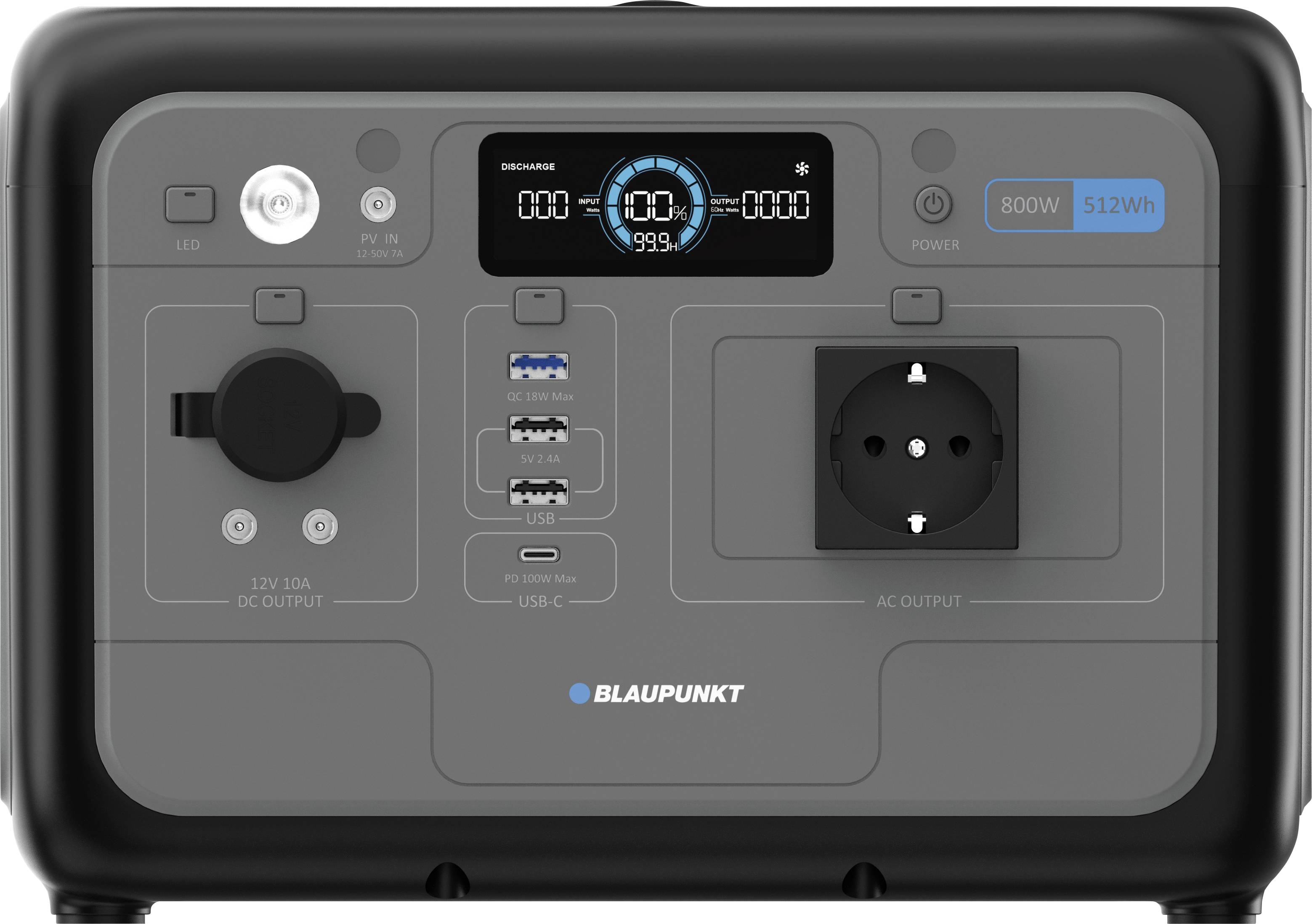 'Blaupunkt-Stromversorgungsstation Frontansicht mit Display, Ein-/Ausgabeanschlüssen, einschließlich USB-, AC- und DC-Ausgängen, sowie Steuertasten.'