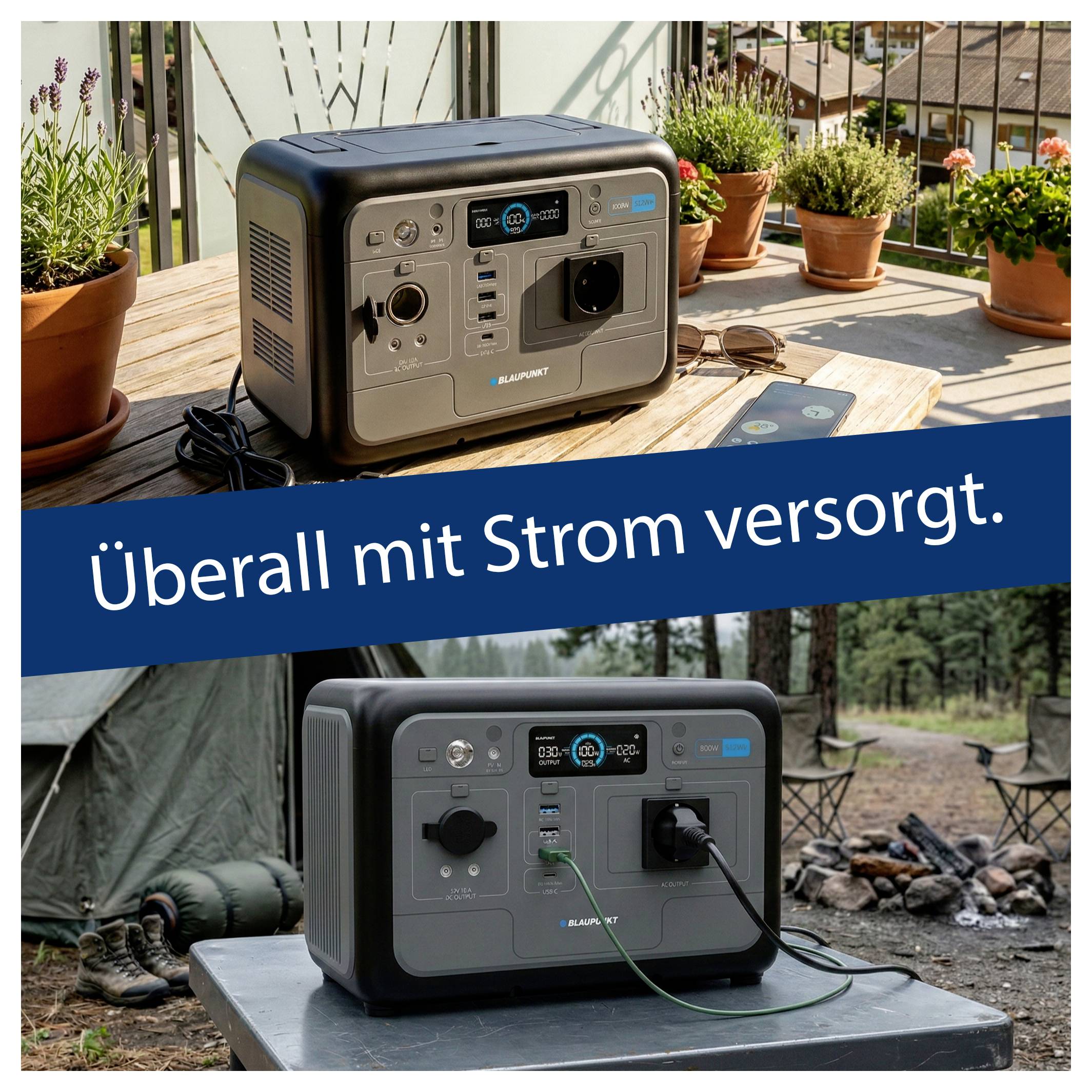 Werbeposter mit tragbarer Powerstation: oben auf der Terrasse, unten am Campingplatz; Text 'Überall mit Strom versorgt.'