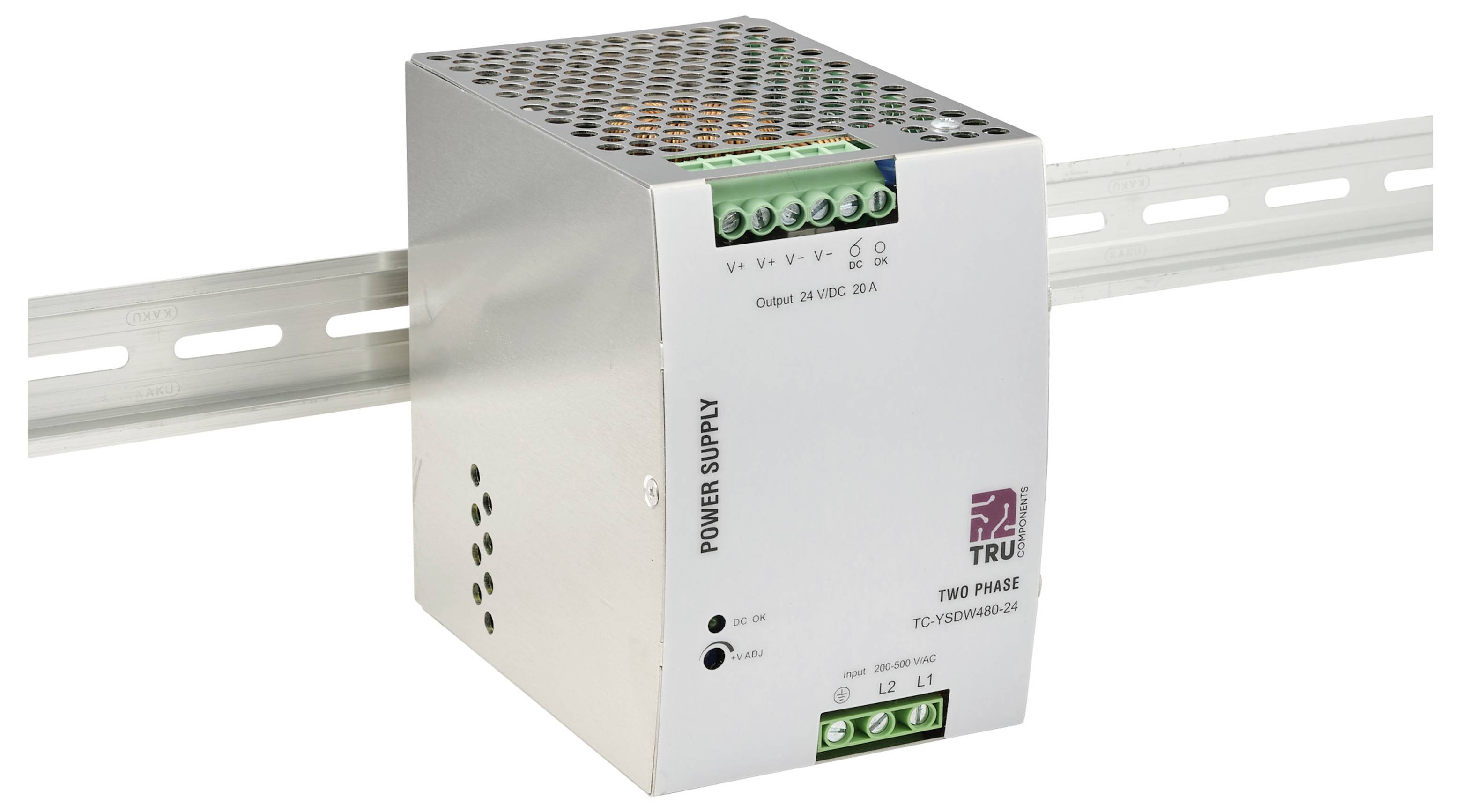 DIN-Hutschiene montiertes AC-DC-Stromversorgungsgerät mit belüftetem Metallgehäuse, Anschllussklemmen und Frontbeschriftung „STROMVERSORGUNG" und „24V DC 20A".