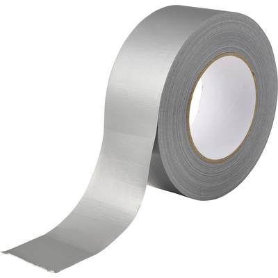 Eine Rolle silbernes Klebeband mit einem abgerollten Streifen auf weißem Hintergrund.