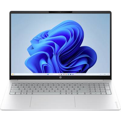 Ein silberner Laptop, der einen Windows-11-Startbildschirm mit blauem abstraktem Wirbel-Design-Hintergrund anzeigt.