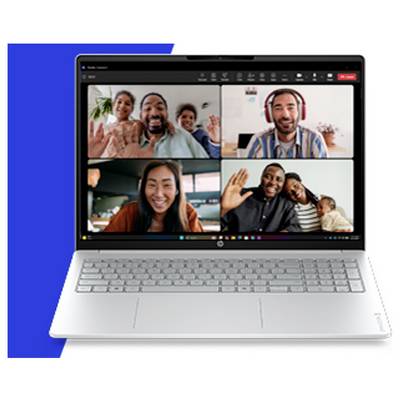 Ein Laptop-Bildschirm zeigt einen Videoanruf mit vier verschiedenen lächelnden Teilnehmern, jeder in seinem eigenen Fenster, winkend in die Kamera.