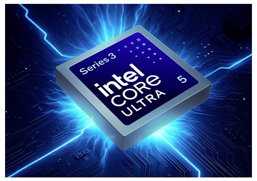Ein Computerchip mit der Bezeichnung „Series 3 Intel Core Ultra 5" ist von einem leuchtenden blauen elektrischen Schaltkreismuster umgeben.