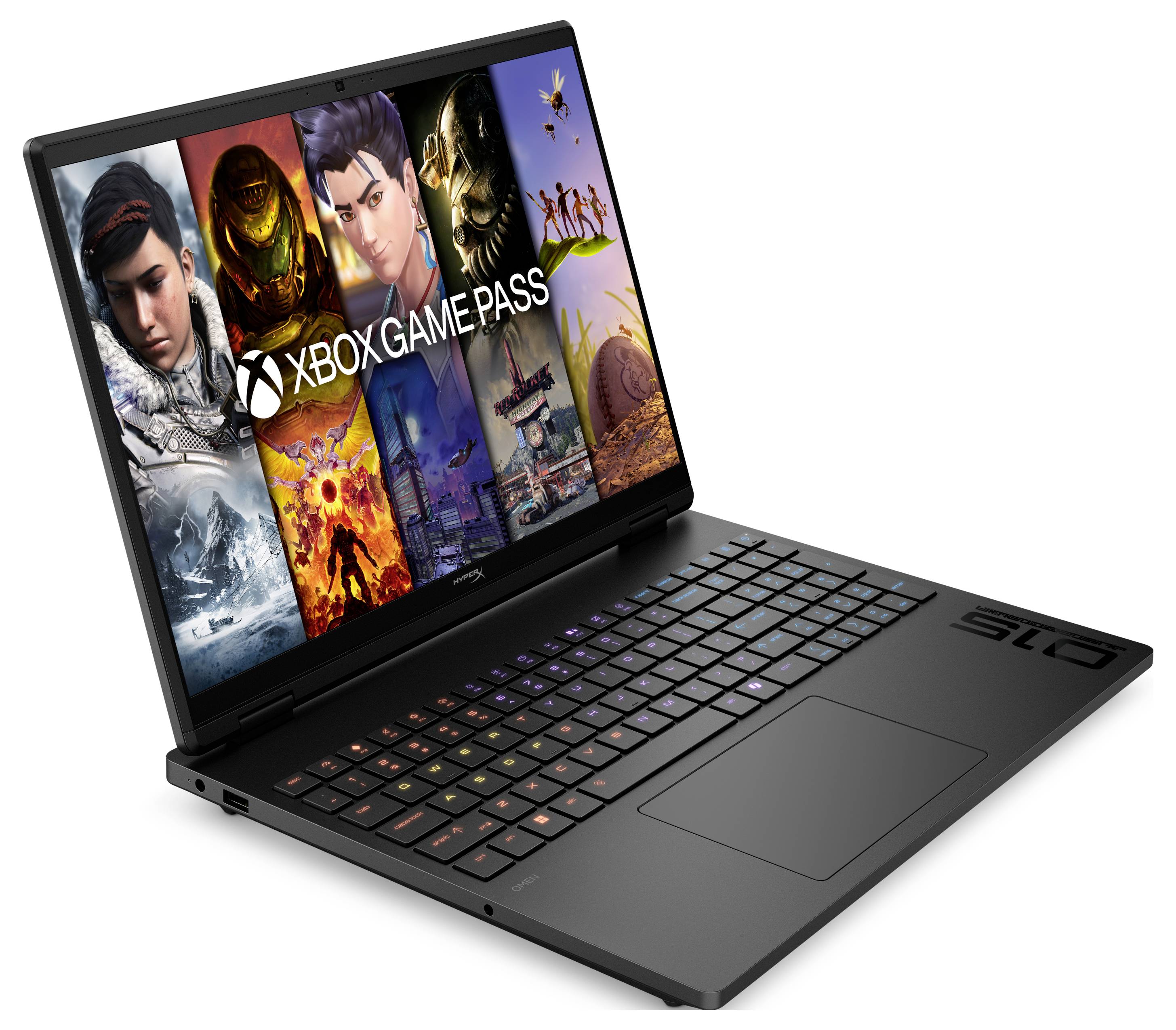 Ein Gaming-Laptop mit "Xbox Game Pass" auf dem Bildschirm und verschiedenen Spielfiguren, die seine Gaming-Fähigkeiten demonstrieren.