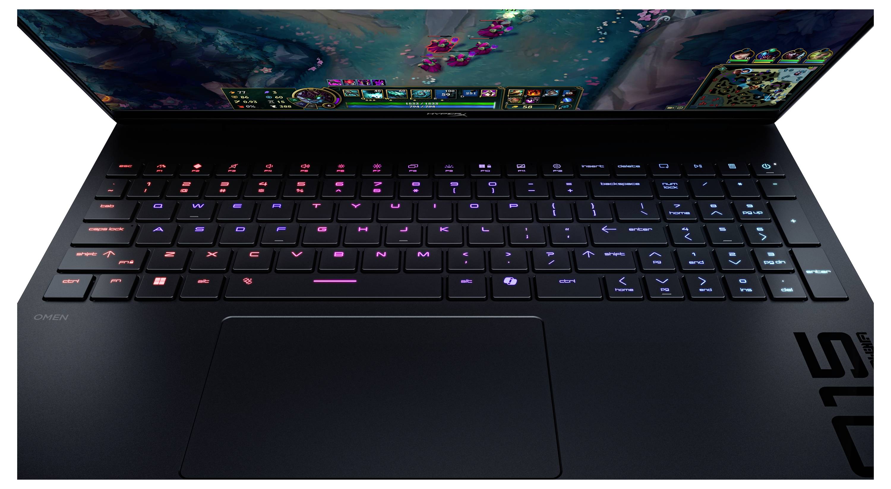 Ein Laptop mit einer leuchtenden, mehrfarbigen Tastatur ist geöffnet und zeigt ein Videospiel auf dem Bildschirm. Das Design zeichnet sich durch ein elegantes, modernes Aussehen aus.