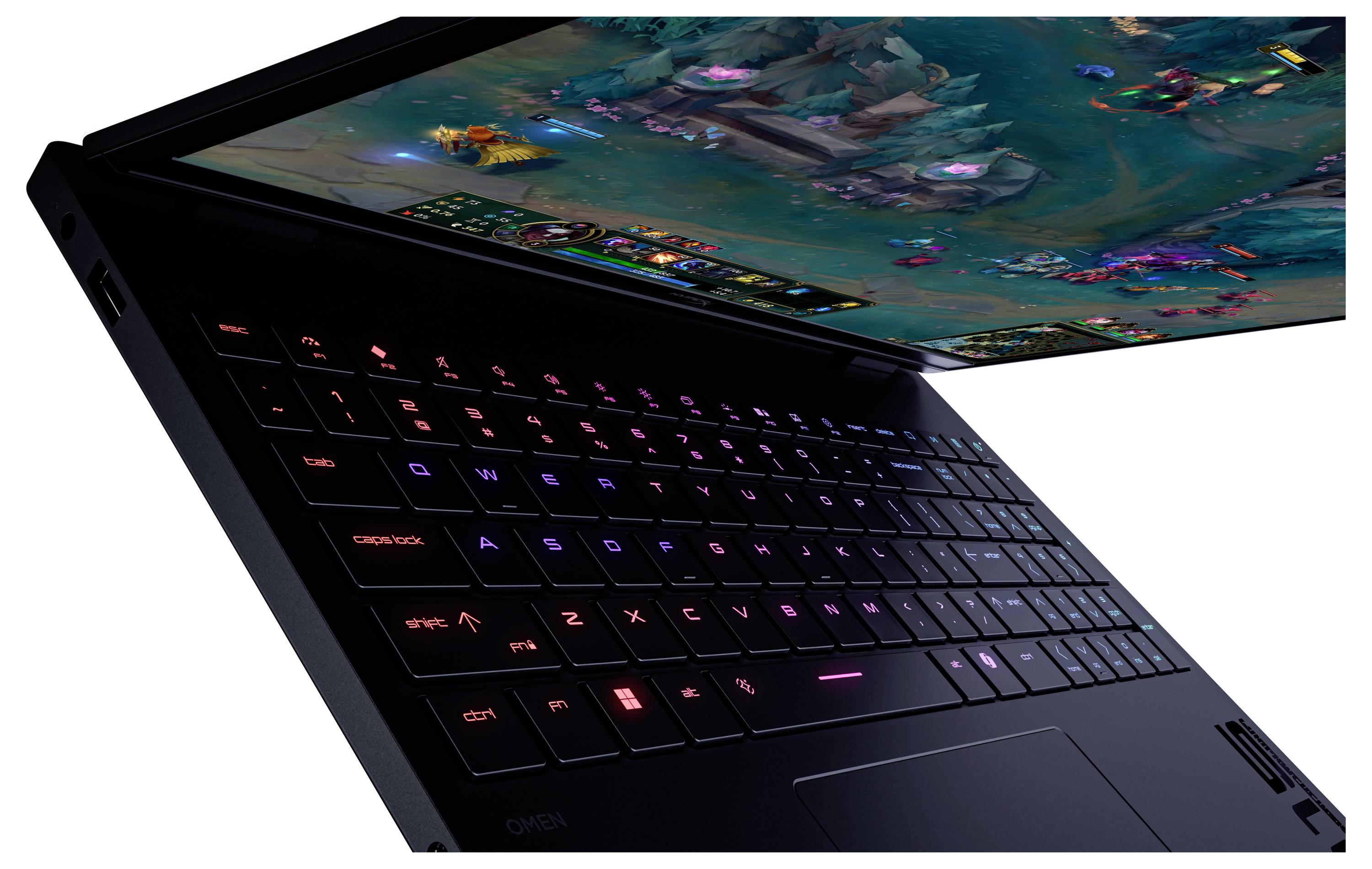 Ein Gaming-Laptop, auf dessen Bildschirm ein Multiplayer-Online-Kampf-Arena-Spiel angezeigt wird. Die Tastatur ist mit farbigen LED-Lichtern hinterleuchtet.