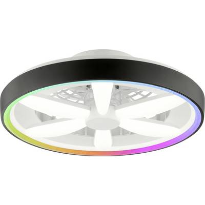 Deckenventilator mit modernem schwarzem Ringdesign und regenbogenfarbigen LED-Leuchten. Die Ventilatorblätter sind weiß und gebogen.