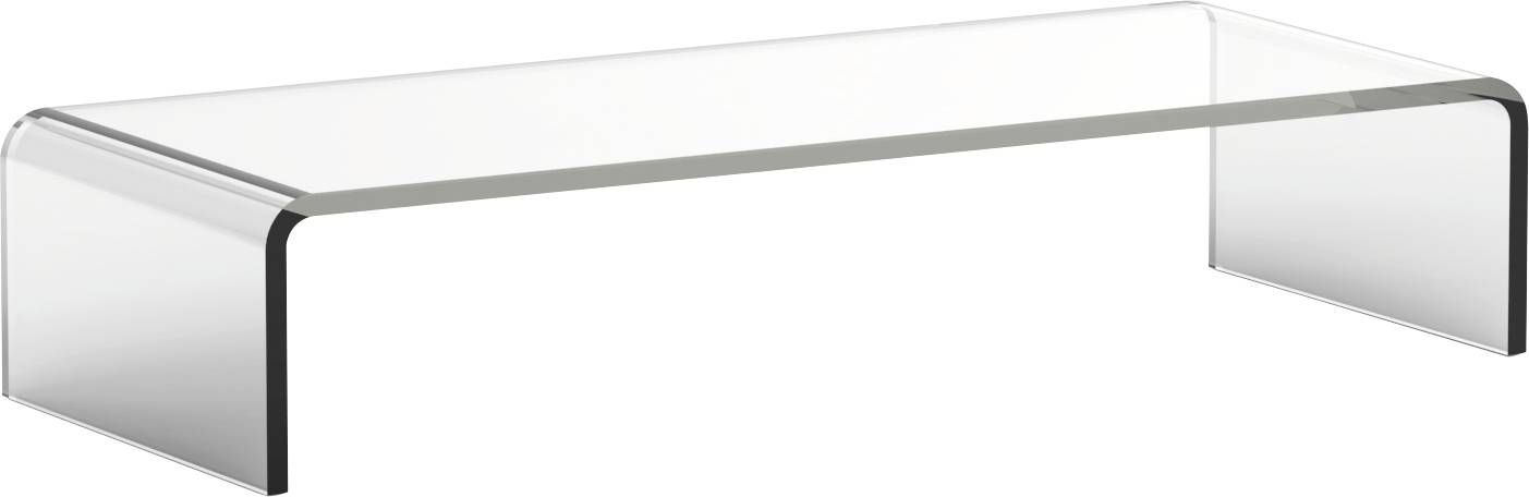 Ein eleganter, transparenter Glaskaffeetisch mit abgerundeten Kanten und minimalistischem Design auf weißem Hintergrund.