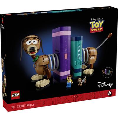 LEGO Disney Pixar Toy Story 18+ Bauset mit einer aus Steinen gebauten Slinky Dog Figur und Figuren aus dem Film.