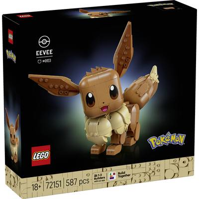 Eine Ausstellung mit LEGO Pokémon Modellen: Pikachu, Glurak, Bisaknosp und Turtok. Der Text lautet „Entdecken Sie mehr LEGO Pokémon Sets, separat erhältlich."
