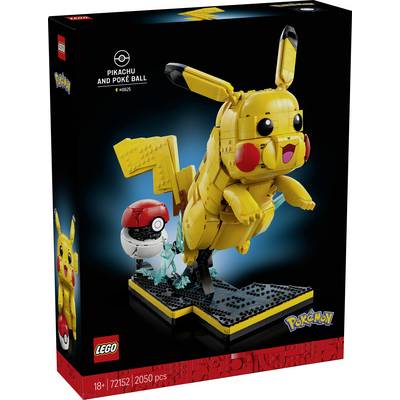 LEGO-Baukasten für "Pikachu und Pokéball" mit einem zusammensetzbaren Pikachu mit detaillierten Funktionen und einem Pokéball auf einem Ausstellungsständer.