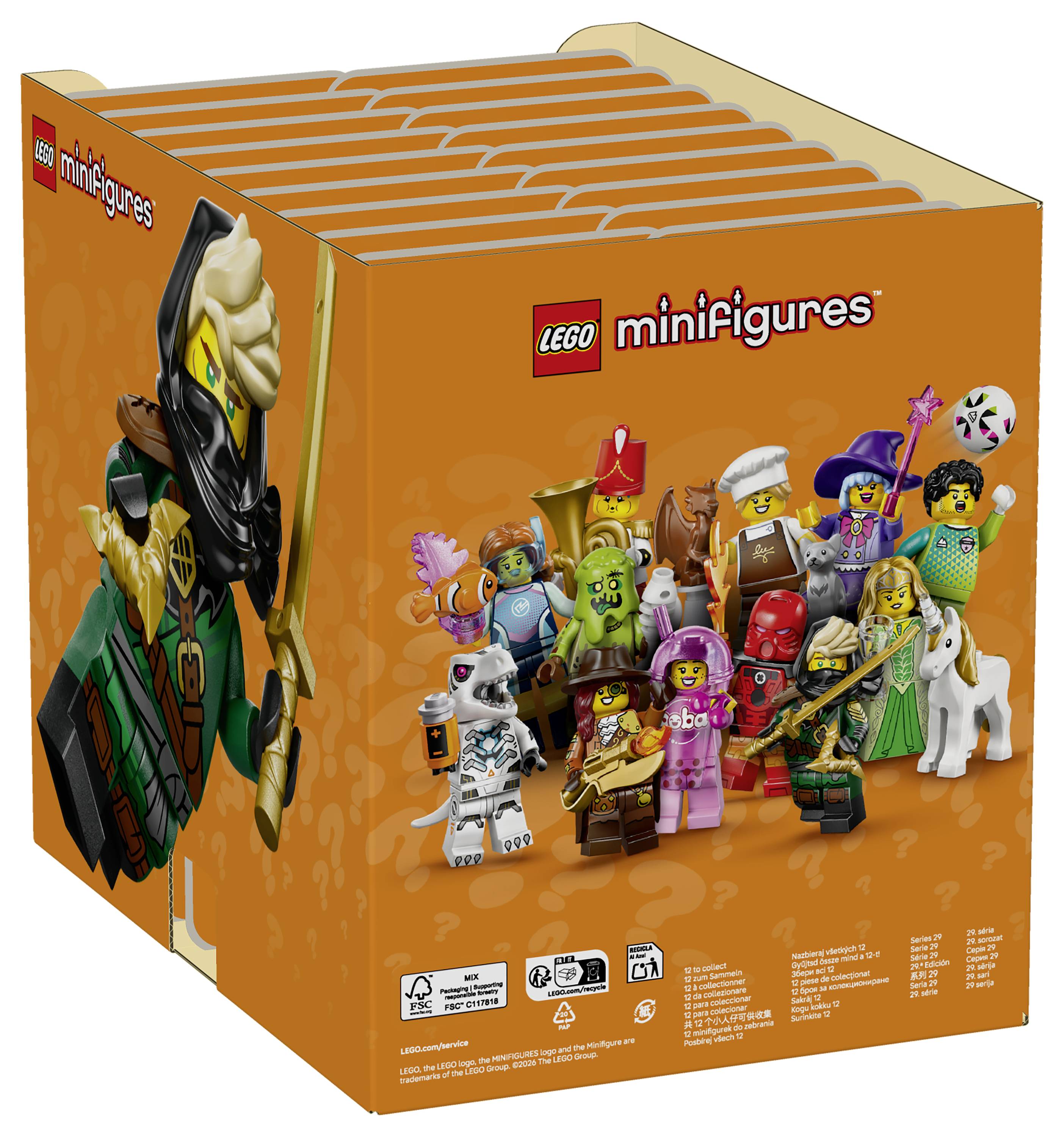 Orangene LEGO-Minifiguren-Displaybox gefüllt mit Blind-Bag-Packungen, mit einer großen illustrierten Minifigur und einer Gruppe von Charakteren auf der Vorderseite.