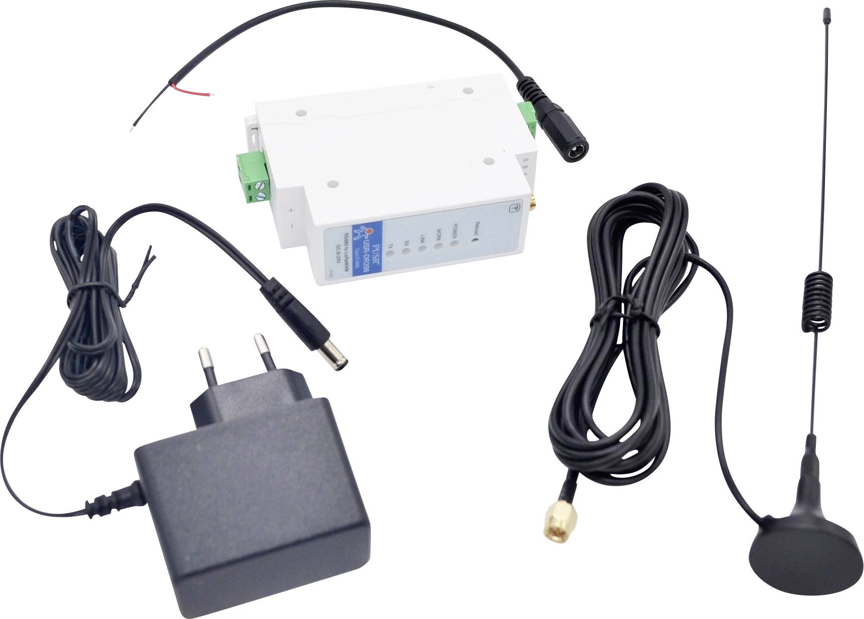 Komponenten des Wireless-Kommunikationsgeräts: Haupteinheit mit Verdrahtung, Stromadapter und Antennenkabel mit Signalempfänger.
