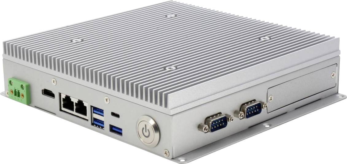 Kompakter Industriecomputer mit geripptem Metallgehäuse, vorne angebrachter Stromschalter, mehreren USB-Anschlüssen, Ethernet-Verbindungen und seriellen Anschlüssen.