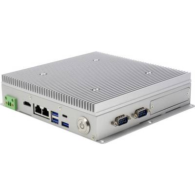 Kompakter Industriecomputer mit geripptem Metallgehäuse, vorne angebrachter Stromschalter, mehreren USB-Anschlüssen, Ethernet-Verbindungen und seriellen Anschlüssen.