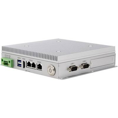 Ein kompakter, silberner Industrie-Computer mit mehreren Anschlüssen und Verbindungselementen, einschließlich Ethernet-, USB-, HDMI- und Serienanschlüssen.