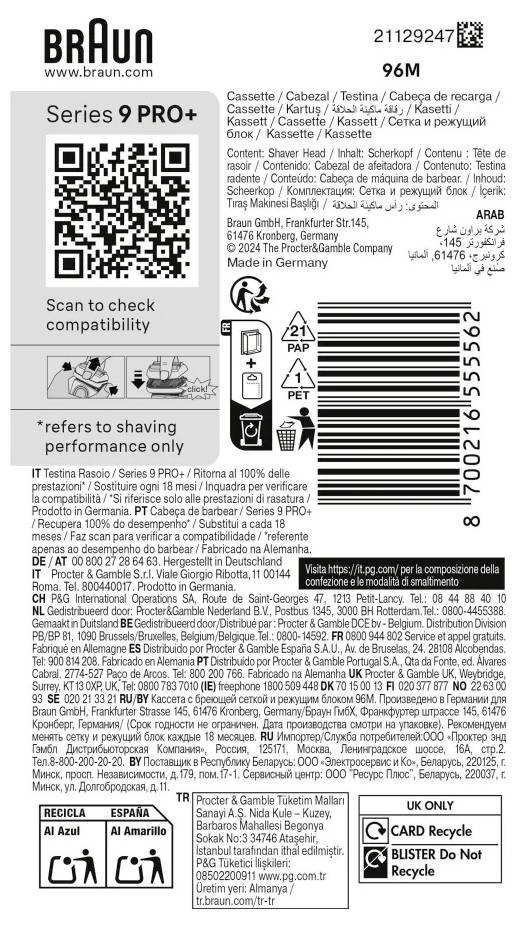 Etikett für Braun Series 9 PRO+ Rasierer, einschließlich QR-Code zur Kompatibilitätsprüfung, verschiedene Übersetzungen, Recycling-Symbole und Herstellungsdetails.